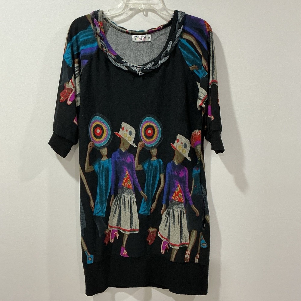 Funky People Knit Dress Sz XL people Scape Colorful Artsy‎ Maximalist Boho
